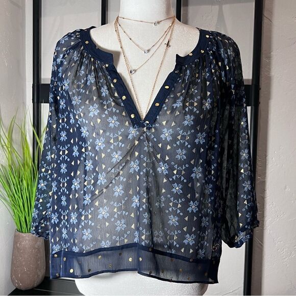 Hollister Boho Peasant Blouse Chiffon 3/4 Sleeve blue Size Small - Picture 16 of 16